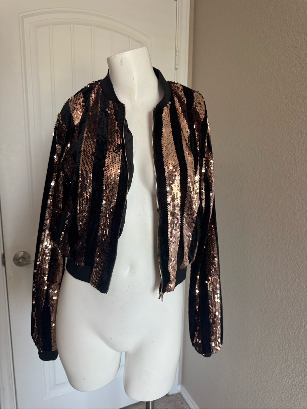 Fashion Nova Black & Rose Gold Sequin Stripe Bomber Jacket